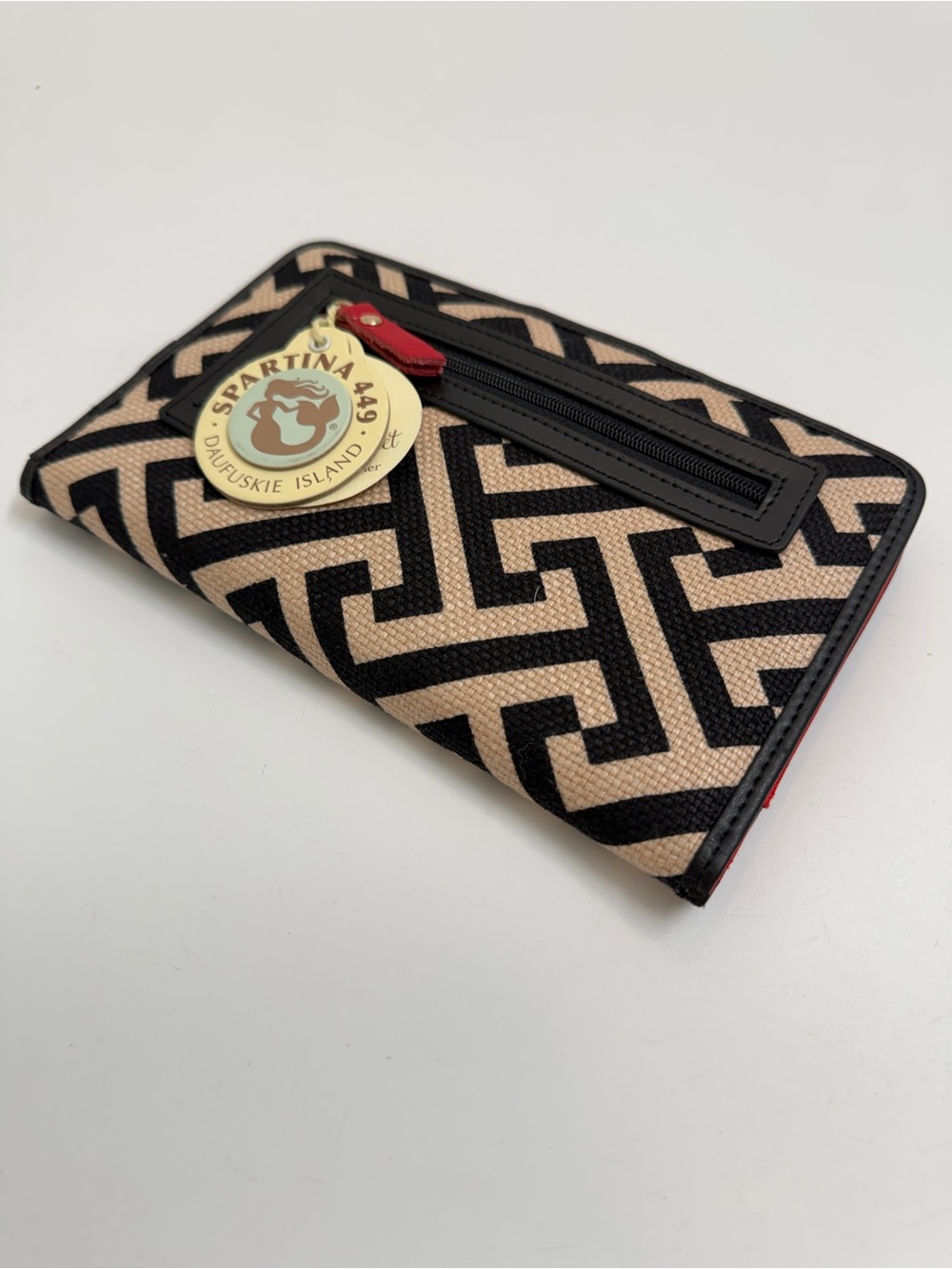 Spartina 449 Black & Tan Geometric Zip Wallet with Red Accent NWT